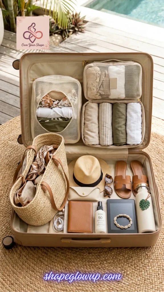 Beach Vacation Packing Hacks – Pack Smarter, Not Harder! Neatly packed compression cubes and rolled neutral-toned summer clothing filling a suitcase next to a straw beach tote and travel accessories.