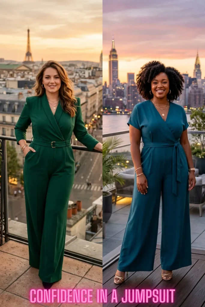 Two stunning women wearing wide-leg jumpsuits at sunset as featured in You Don't Have to Hide Your Tummy: 10 Ways to Dress It Beautifully.