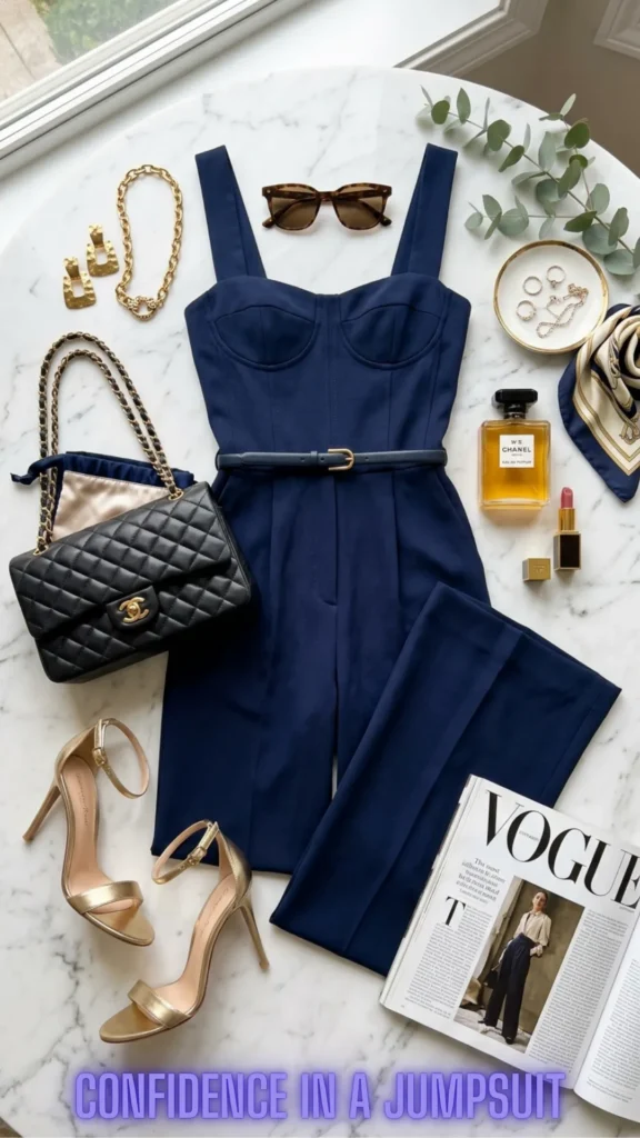 A glamorous navy blue wide-leg jumpsuit flat lay as seen in You Don't Have to Hide Your Tummy: 10 Ways to Dress It Beautifully.