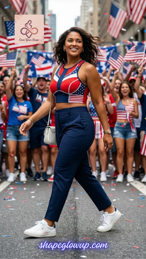 A woman wearing a modern two-piece street set from the 7 Fancy 4th of July Outfits for Women in 2026 – Dressy Patriotic Looks for the 250th Celebration.