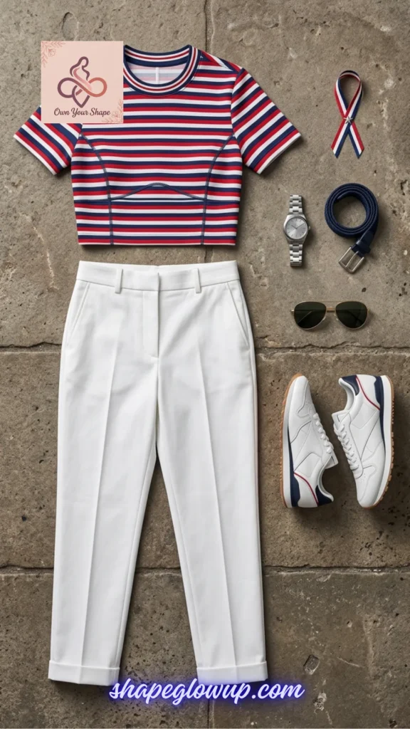 A modern street style flat lay from the 7 Fancy 4th of July Outfits for Women in 2026 – Dressy Patriotic Looks for the 250th Celebration.