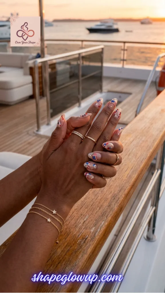 Close-up of hands with sheer rhinestone-encrusted American flag nail extensions on a luxury boat, a choice from 10 Stunning 4th of July Nail Arts to Try This Year!