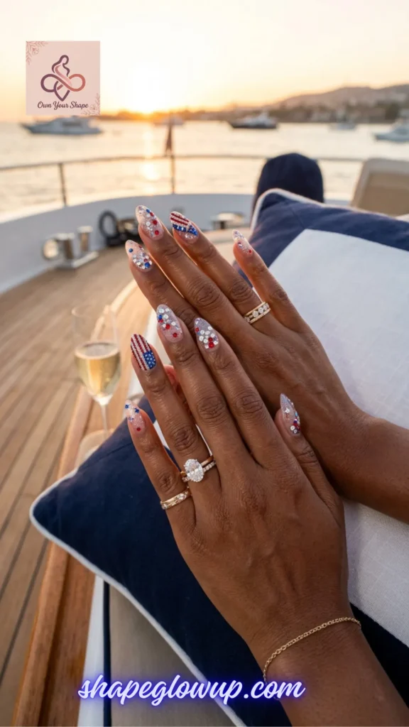 Glamorous clear stiletto nails embellished with red, blue, and silver rhinestones on a luxury yacht deck, showcasing 10 Stunning 4th of July Nail Arts to Try This Year!
