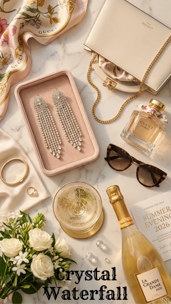 A glamorous luxury flat lay featuring dramatic evening jewelry, perfect for 7 Summer Earrings 2026 That Will Instantly Upgrade Your Look.