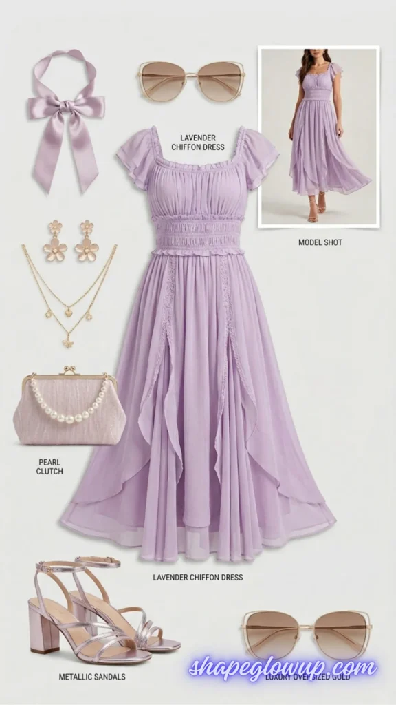 A fashion flat lay outfit layout against a light gray background featuring a lavender chiffon midi dress with a smocked bodice, square neckline, flutter sleeves, and a tiered ruffled skirt. Surrounding the dress are labeled accessories: a matching lavender satin hair bow, gold floral earrings, a layered gold charm necklace, a light pink textured pearl clutch, metallic lavender block-heel sandals, and oversized gold-rimmed sunglasses. A small inset image in the upper right corner shows a model wearing the dress. The website "shapeglowup.com" is watermarked in cursive script at the bottom.