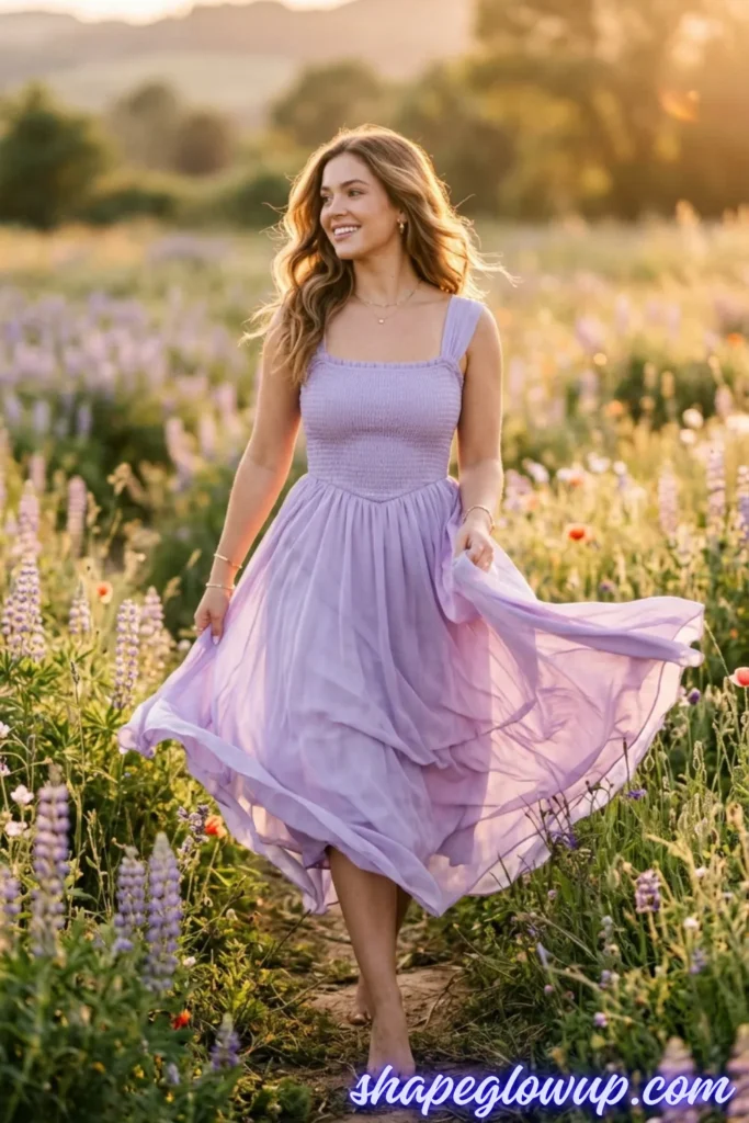 A smiling curvy woman with wavy blonde-highlighted hair walks through a sunlit field of purple lupine flowers during golden hour. She is wearing a romantic, lavender-purple maxi dress featuring a structured, fully smocked bodice that defines her waist and a flowing, lightweight tiered chiffon skirt that catches the wind. The website URL "shapeglowup.com" is written in blue and white script in the bottom right corner.