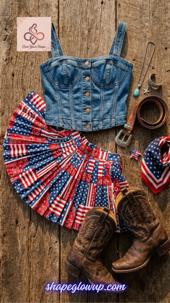 A chic denim and Americana skirt flat lay from the 7 Fancy 4th of July Outfits for Women in 2026 – Dressy Patriotic Looks for the 250th Celebration.