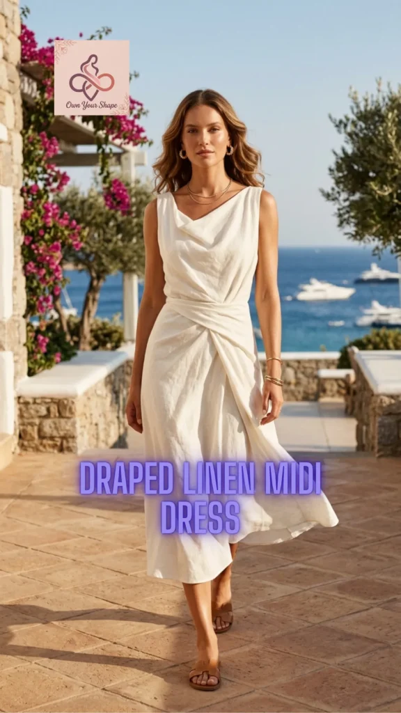 A woman smiling while wearing a white draped midi dress, representing 5 Gorgeous Linen Outfits That Make You Glow in 2026.
