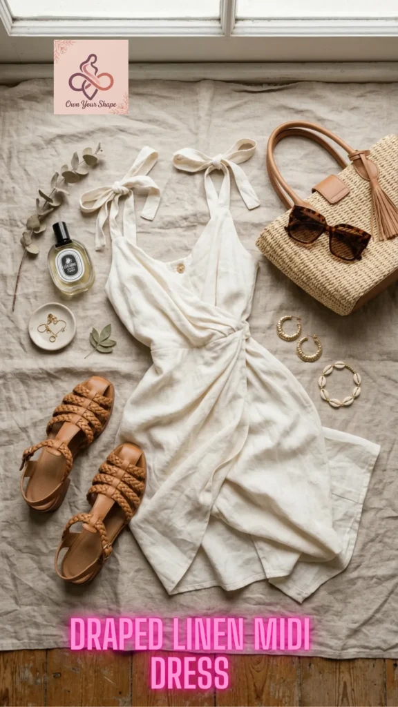 Flat lay of an ivory draped midi dress, highlighting 5 Gorgeous Linen Outfits That Make You Glow in 2026.