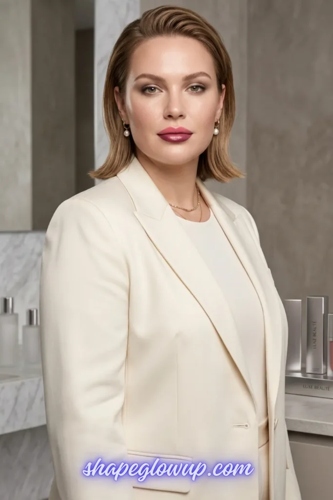 A blonde woman with slicked-back hair posing in a sophisticated cream-white blazer and matching top. She is wearing a soft, wearable two-toned lip look featuring a medium rose pink on her top lip and a slightly darker, berry-toned rose on her bottom lip. She wears delicate gold necklaces and pearl earrings. A text watermark at the bottom reads "shapeglowup.com".