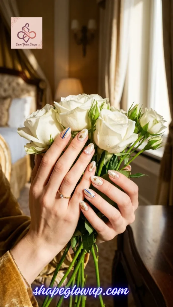 A woman's hands with elegant nude, blue, and gold star 4th of July nail art holding white roses, showcasing ideas from 10 Stunning 4th of July Nail Arts to Try This Year!