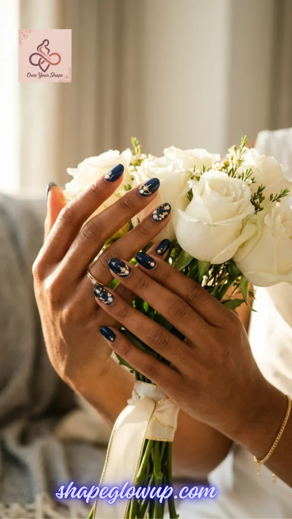Luxury navy blue and gold star manicure on dark skin tone holding white roses, a top choice from 10 Stunning 4th of July Nail Arts to Try This Year!