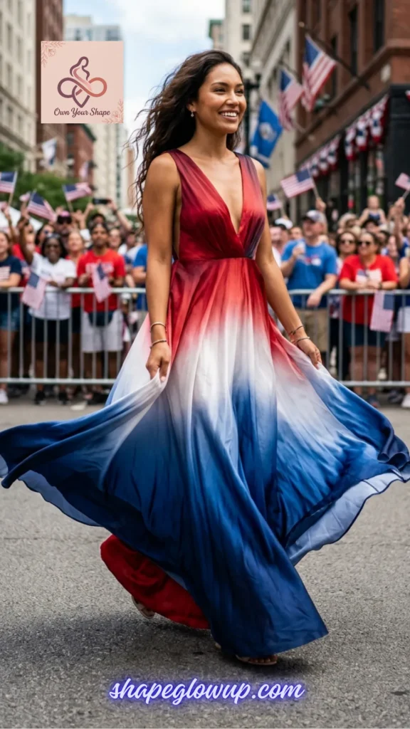 A woman twirling in a luxury silk maxi dress from the 7 Fancy 4th of July Outfits for Women in 2026 – Dressy Patriotic Looks for the 250th Celebration.