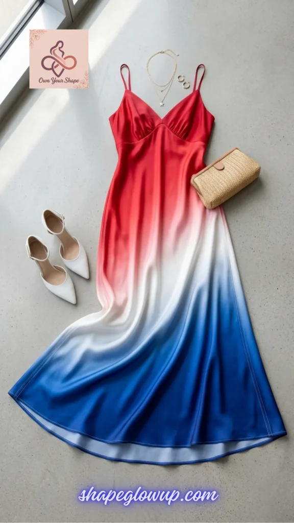 An elegant silk maxi dress flat lay from the 7 Fancy 4th of July Outfits for Women in 2026 – Dressy Patriotic Looks for the 250th Celebration.
