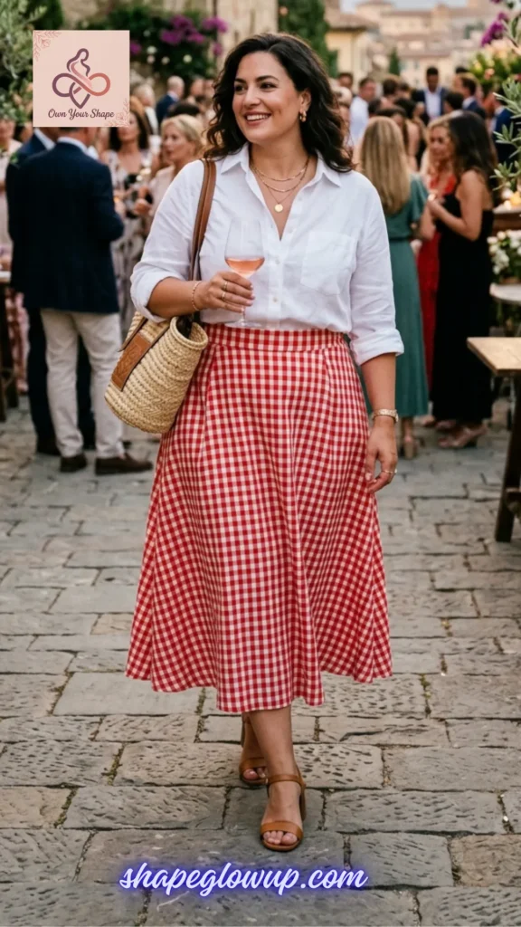 A woman holding a wine glass in a white button-down shirt and red gingham skirt representing White & Effortless: 5 Key Pieces, 10 Fabulous 4th of July Looks.