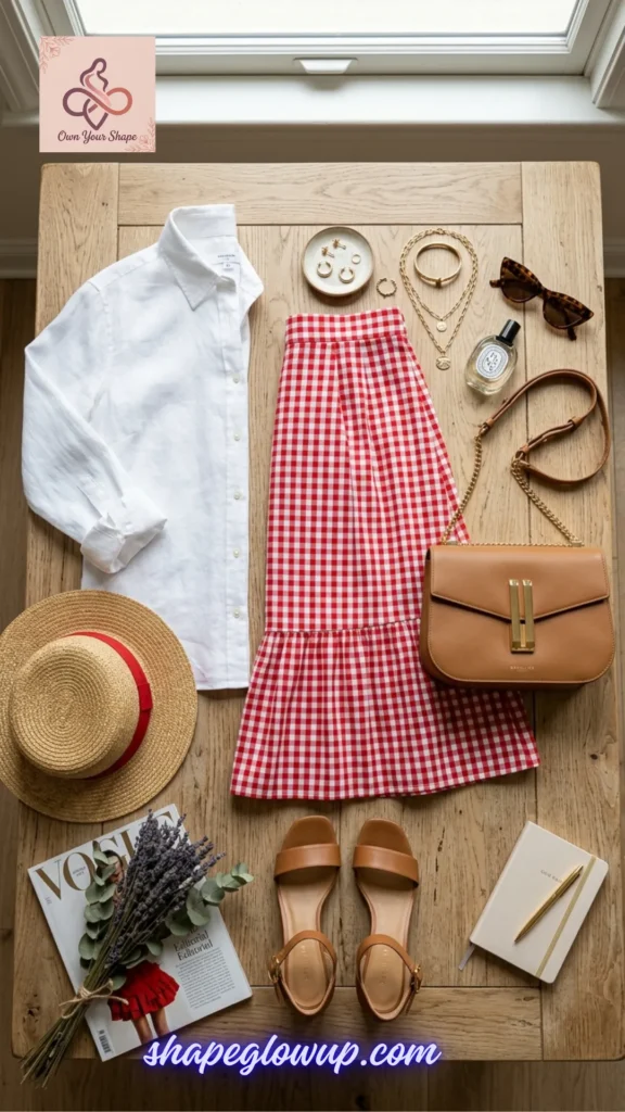 Chic summer flat lay with a white linen shirt, a red gingham skirt, and a straw hat highlighting White & Effortless: 5 Key Pieces, 10 Fabulous 4th of July Looks.
