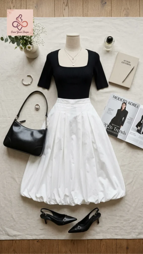 A minimalist flat lay outfit featuring a black knit top and white bubble skirt for 2026 Korean Fashion is HERE: 5 Must-Wear Trends You Need to Try.