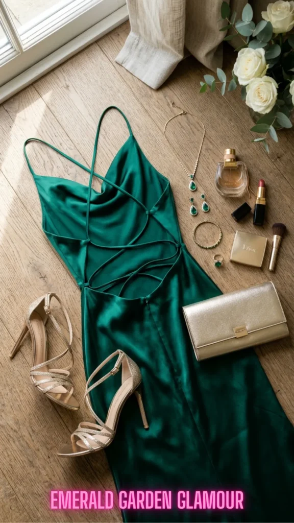 Silk emerald green slip dress flat lay arrangement for 10 Open-Back Dresses That Are Turning Heads in 2026: Elegant Styles You'll Want to Wear Everywhere.