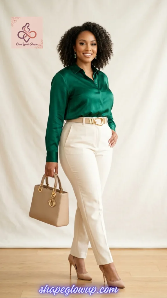 An elegant emerald green and cream outfit showcasing 7 Trending Expensive Outfit USA 2026 Looks (That Actually Look High-End!).