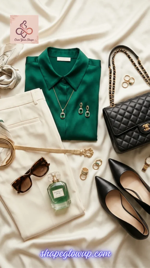 A luxurious emerald green and cream fashion flat lay highlighting 7 Trending Expensive Outfit USA 2026 Looks (That Actually Look High-End!).