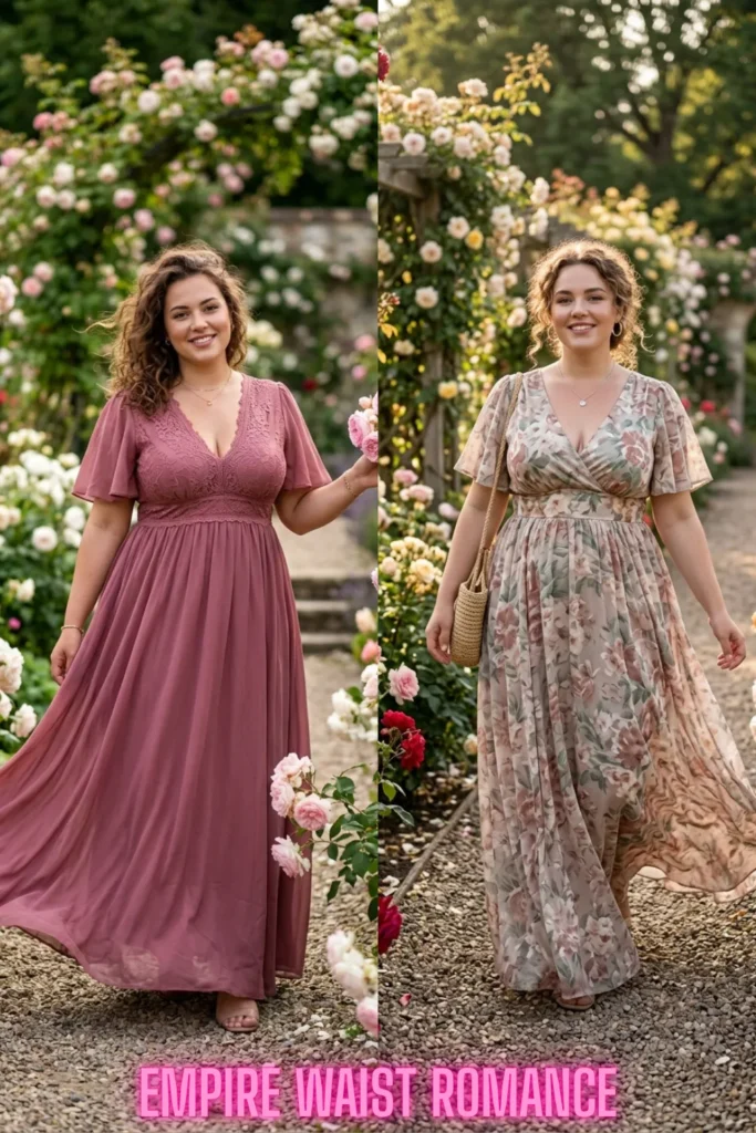Romantic empire waist maxi dresses on two smiling women from You Don't Have to Hide Your Tummy: 10 Ways to Dress It Beautifully.