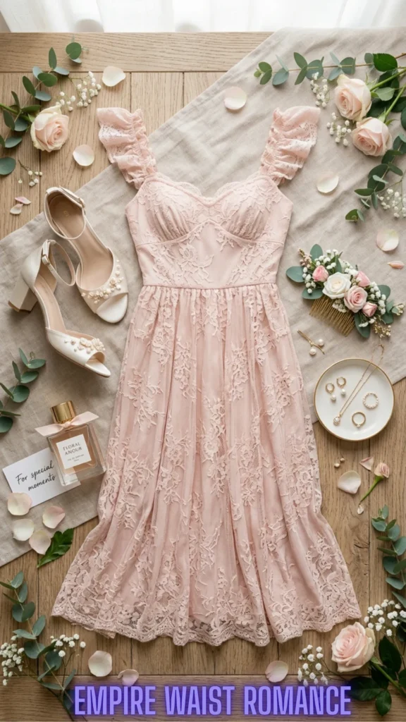 A romantic pink lace empire waist dress layout from the style guide, You Don't Have to Hide Your Tummy: 10 Ways to Dress It Beautifully.