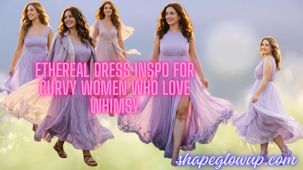 A collage of a curvy, smiling woman with wavy brunette hair wearing different flowing, lavender-purple ethereal dresses in an outdoor field. Bold pink glowing text reads, "ETHEREAL DRESS INSPO FOR CURVY WOMEN WHO LOVE WHIMSY." The website URL "shapeglowup.com" is written in cursive script in the bottom right corner.