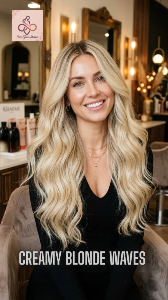 A smiling salon client displaying Expensive Creamy Blonde Waves with Shadow Roots, showcasing 7 Luxury Blonde Hairstyles in 2026 for the Ultimate Glow Up.
