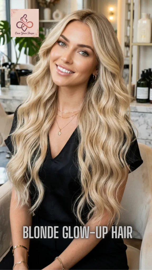 Portrait of a woman highlighting Expensive Dimensional Blonde Glow-Up Hair from the 7 Luxury Blonde Hairstyles in 2026 for the Ultimate Glow Up.