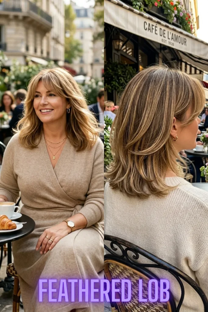 A woman showcasing a feathered lob, one of the 7 curtain bang haircuts that instantly make you look younger.