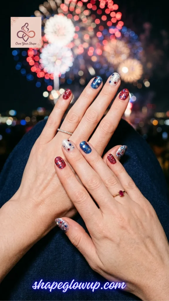 Mixed glitter and star-accented patriotic manicure against an outdoor firework backdrop, part of 10 Stunning 4th of July Nail Arts to Try This Year!