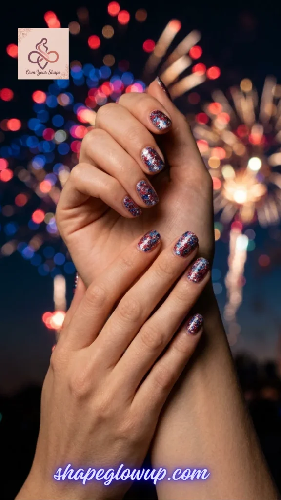 Full coverage red, white, and blue glitter manicured hands over a blurry firework background from 10 Stunning 4th of July Nail Arts to Try This Year!