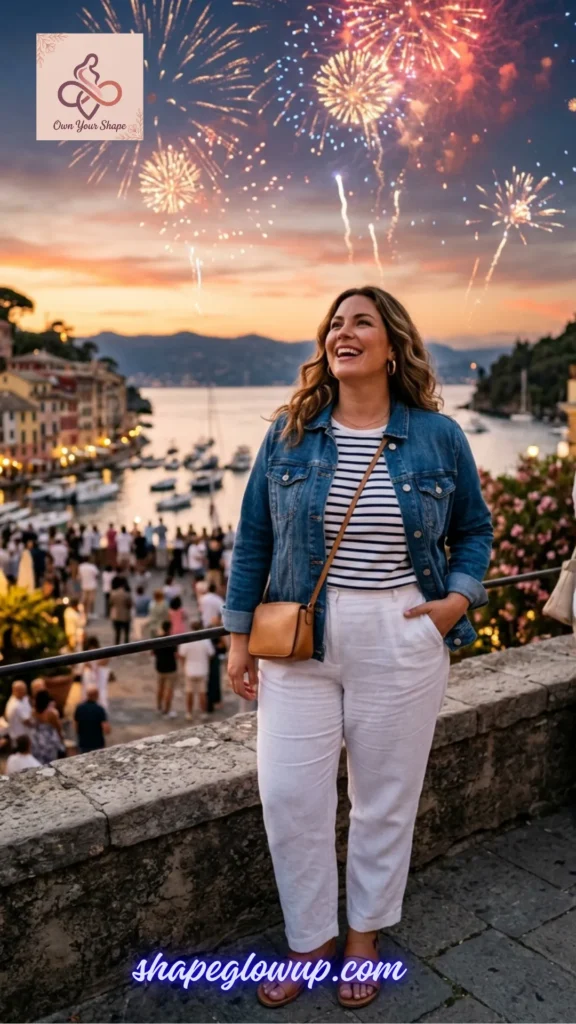 A woman in wide-leg white linen pants and a denim jacket watching fireworks for White & Effortless: 5 Key Pieces, 10 Fabulous 4th of July Looks.