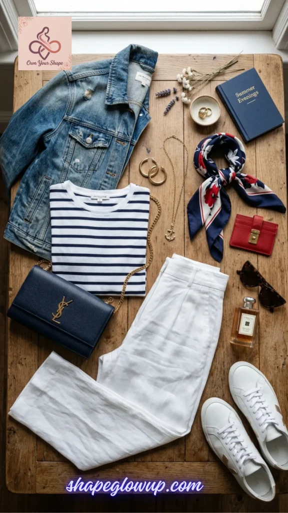 Evening style flat lay featuring white linen trousers, a striped shirt, and a denim jacket for White & Effortless: 5 Key Pieces, 10 Fabulous 4th of July Looks.