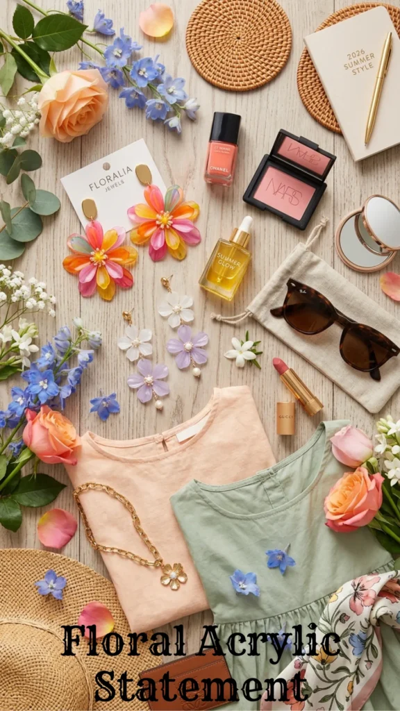 A cheerful beauty and fashion flat lay with bold translucent jewelry, highlighting 7 Summer Earrings 2026 That Will Instantly Upgrade Your Look.