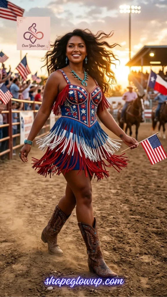 A woman modeling a dressy Western-inspired look from the 7 Fancy 4th of July Outfits for Women in 2026 – Dressy Patriotic Looks for the 250th Celebration.