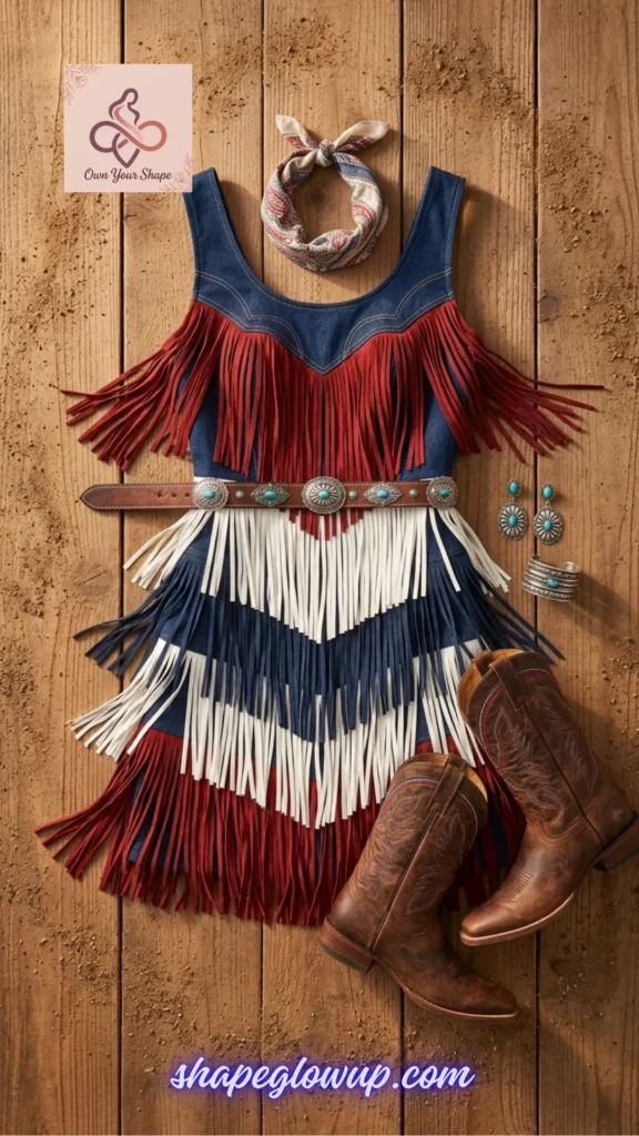 A Western-inspired outfit flat lay curated from the 7 Fancy 4th of July Outfits for Women in 2026 – Dressy Patriotic Looks for the 250th Celebration.