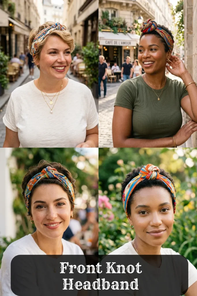 Four-panel image collage showing the Front Knot Headband hairstyle on women with short hair, pixie cuts, and natural curls. Colorful patterned bandanas are folded into narrow strips and tied into a small knot at the top of the head. Graphic text overlay at the bottom reads 'Front Knot Headband'.