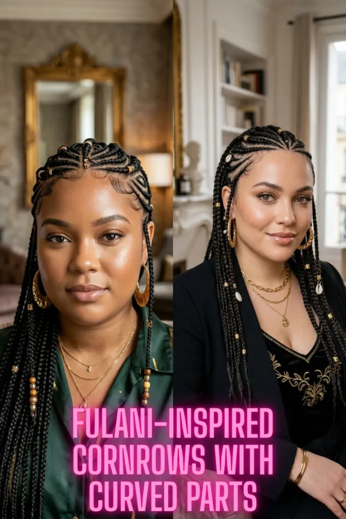 Fulani-inspired braids adorned with beads and shells, a stunning choice among 5 Braided Cornrow Hairstyles That Are Pure Hair Goals.