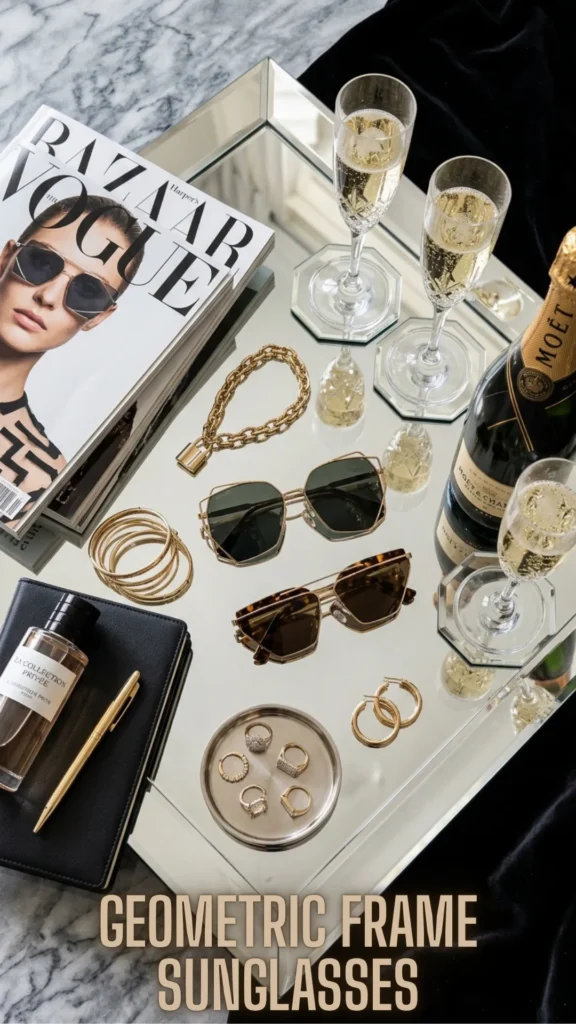 Edgy gold geometric frame sunglasses displayed on a mirrored tray for the Upgrade Your Summer Style – 10 Best Summer Sunglasses 2026 selection.