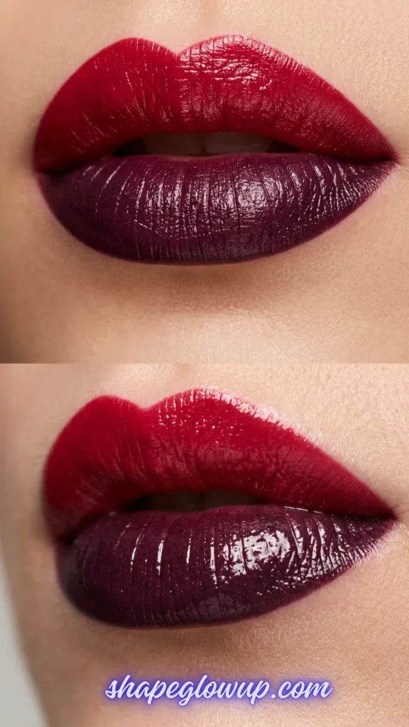A close-up split image demonstrating a two-toned lip makeup trend. The top lip is painted a bold, classic crimson red with a satin finish, while the bottom lip features a contrasting deep, glossy plum or blackberry shade. A text watermark at the bottom reads "shapeglowup.com".