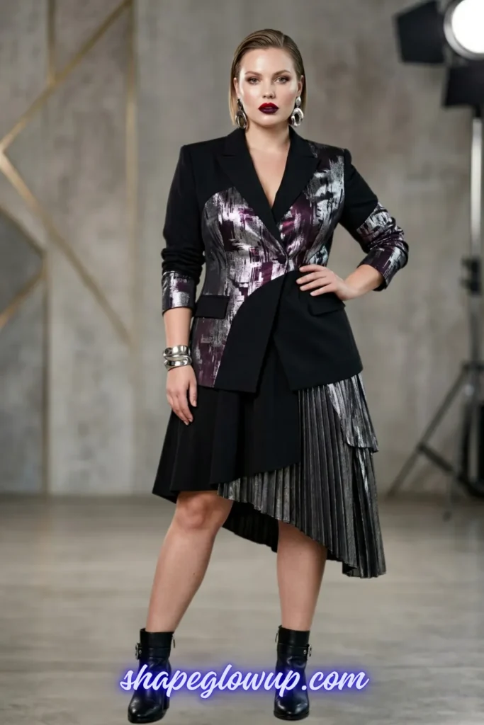 A blonde woman modeling an edgy, asymmetrical fashion look. She wears a black blazer accented with metallic silver and purple abstract panels, a matching black skirt with an asymmetrical pleated silver hem, chunky metallic silver earrings, and stacked silver bracelets. Her makeup features dramatic dark plum lipstick. A text watermark at the bottom reads "shapeglowup.com".