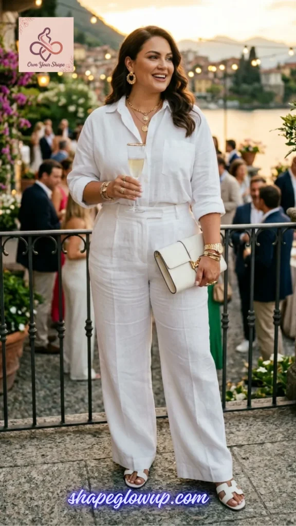 A glamorous woman in an all-white linen outfit holding champagne for White & Effortless: 5 Key Pieces, 10 Fabulous 4th of July Looks.