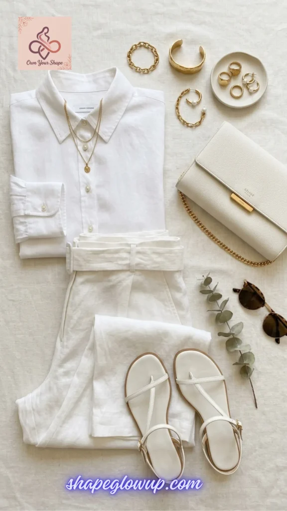Monochromatic flat lay featuring an all-white linen shirt and pants suit for White & Effortless: 5 Key Pieces, 10 Fabulous 4th of July Looks.