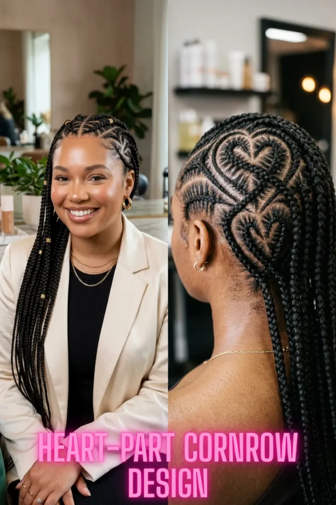 A creative heart-parted braided pattern on a woman, demonstrating why it's featured in 5 Braided Cornrow Hairstyles That Are Pure Hair Goals.