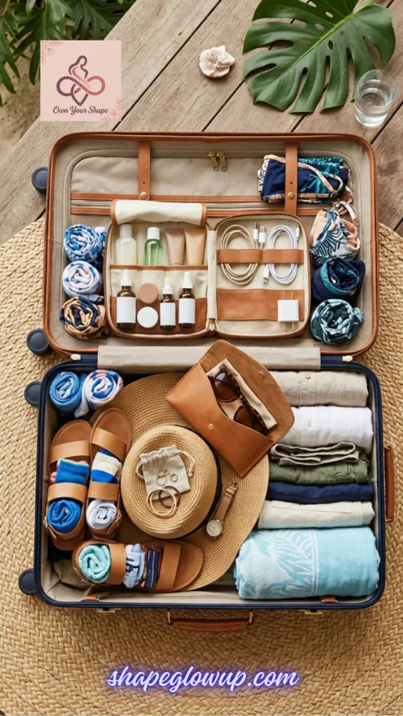 Beach Vacation Packing Hacks – Pack Smarter, Not Harder! Maximizing space by stuffing rolled socks and small garments inside shoes and utilizing a built-in hanging toiletry organizer.