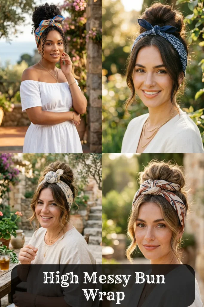 Four-panel image collage showing different ways to style the High Messy Bun Wrap. Women with curly and straight hair textures feature top knot buns wrapped with patterned bandanas tied at the crown, leaving loose face-framing strands. Overlay text reads 'High Messy Bun Wrap'.