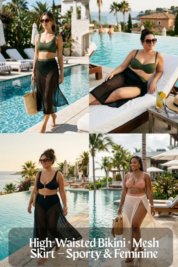 A collage of four images showcasing women modeling high-waisted bikinis paired with sheer mesh skirts at luxury poolside locations. Featured combinations include olive green, solid black, and patterned swimwear styled with black or cream-colored mesh cover-up skirts. Text overlay reads "High-Waisted Bikini + Mesh Skirt – Sporty & Feminine."