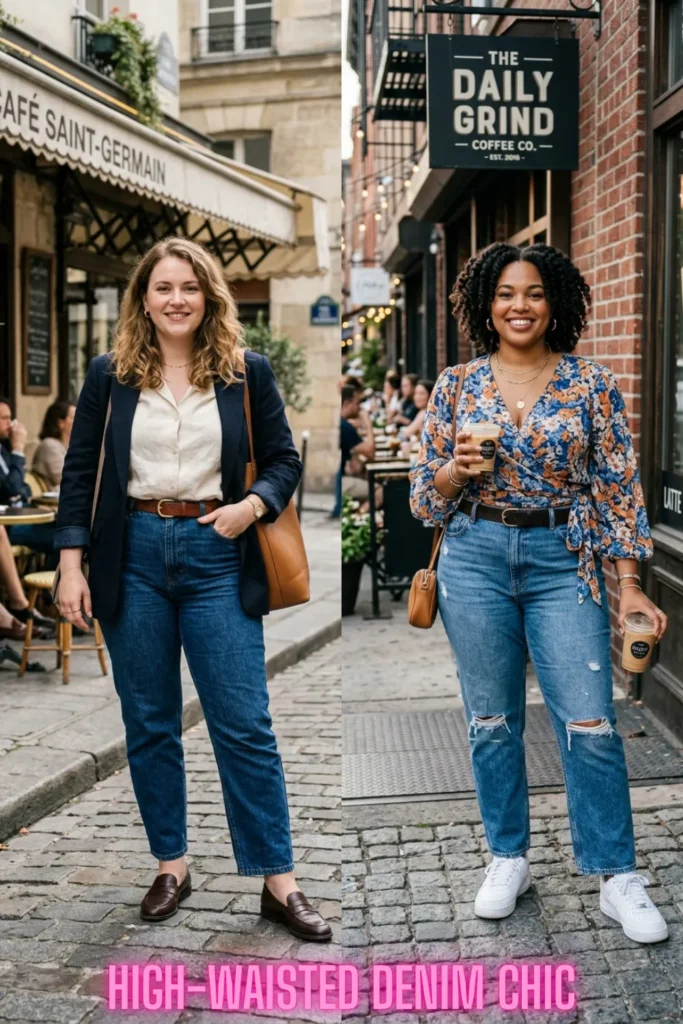 Smart-casual high-waisted denim outfits on two women for the article, You Don't Have to Hide Your Tummy: 10 Ways to Dress It Beautifully.