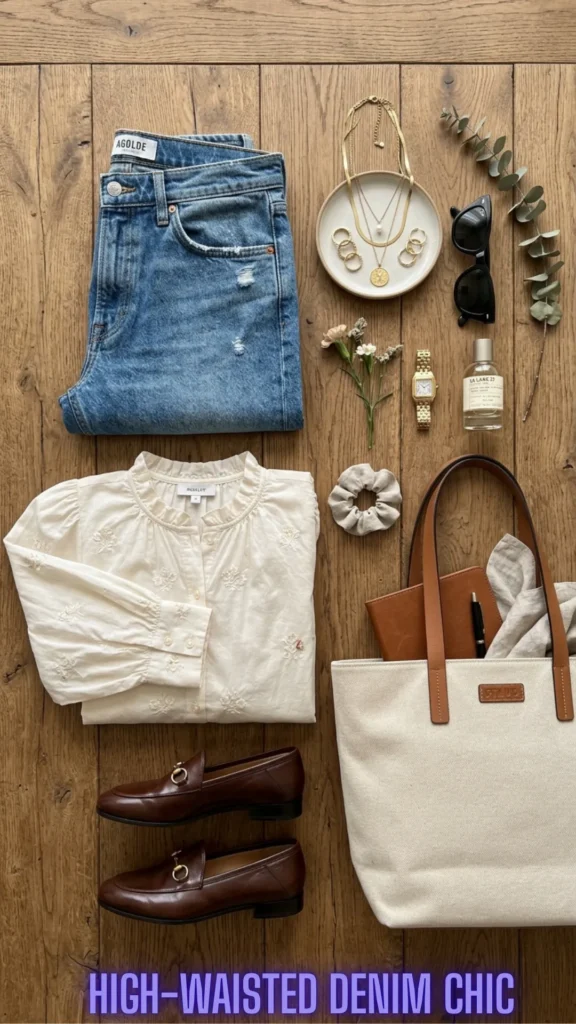 A casual flat lay featuring high-waisted blue jeans and an embroidered blouse for You Don't Have to Hide Your Tummy: 10 Ways to Dress It Beautifully.